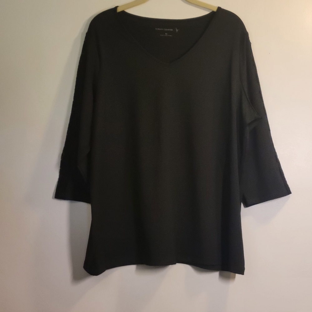 Susan Graver Butterknit V-neck Top with Lace 3/4 Sleeve Detail Black 1X